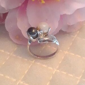 Black And White Pearl Ring With Faux Diamond Accents 18K HGE Setting